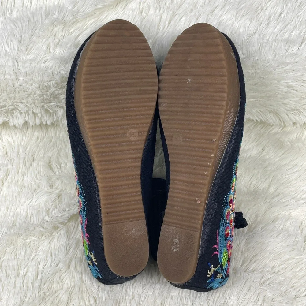 Unbranded Peacock Embroidered Wedges Womens 8.5 Black Good Canvas Boho Strappy